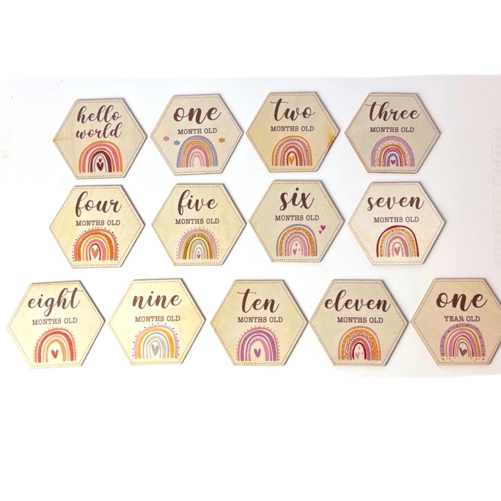 Celebrate Babyโs Firsts and First Year Rainbow Milestone Wood Tiles